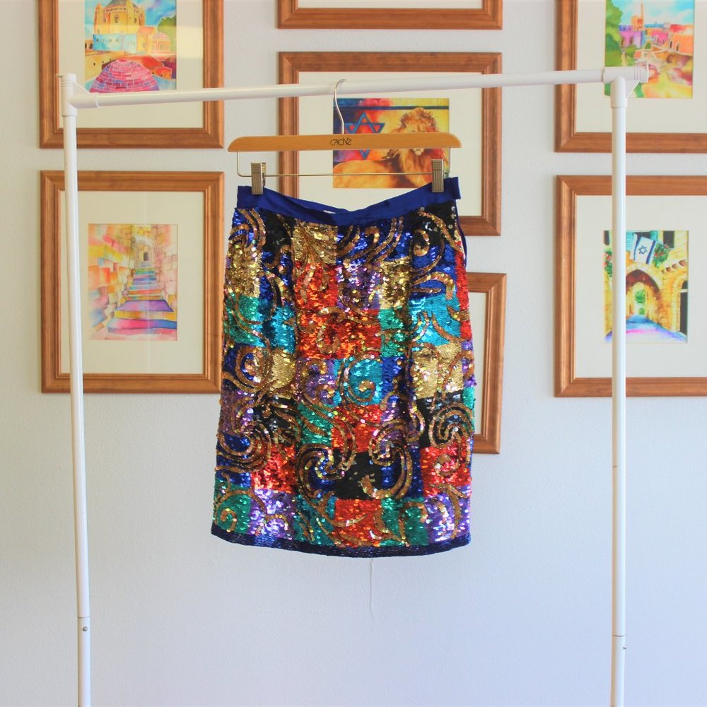 Vintage Oleg Cassini Color Block Sequined Skirt S